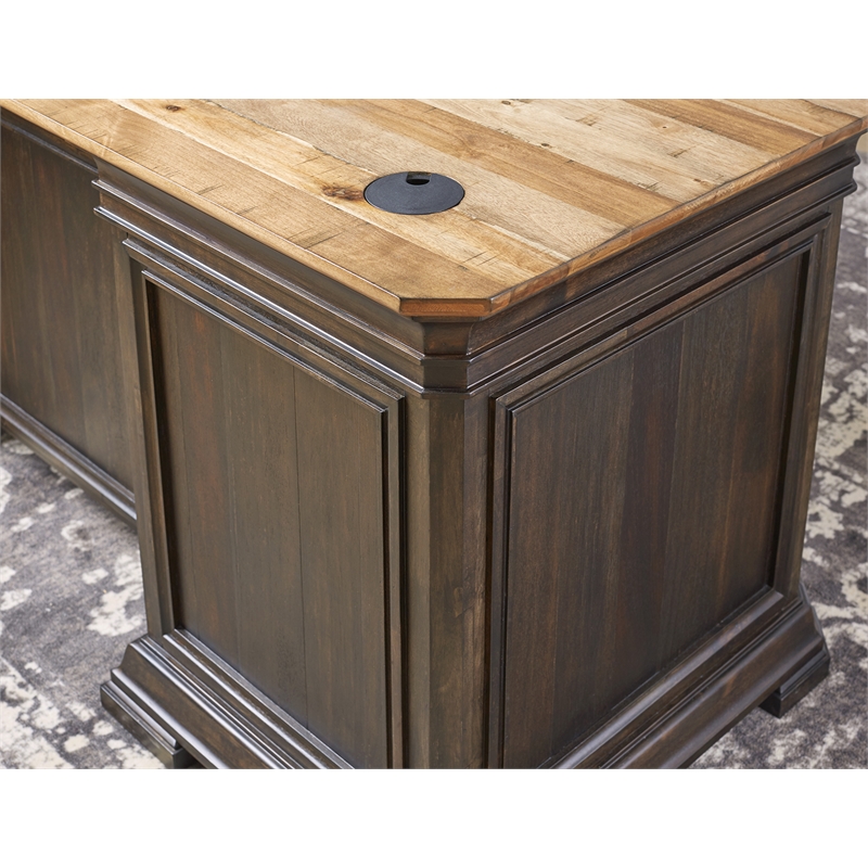 Bowery Hill Executive L-Desk & Return With Solid Wood Plank Top Brown