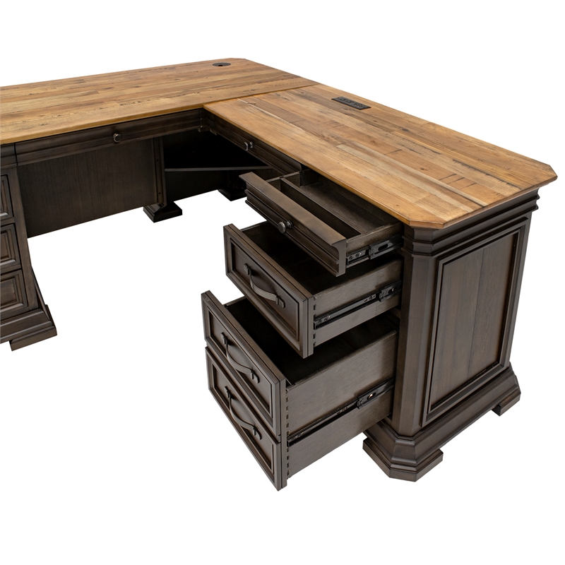 Bowery Hill Executive L-Desk & Return With Solid Wood Plank Top Brown