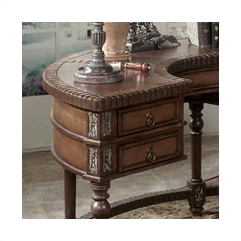 Bowery Hill Traditional Wood Oak Leather Top Demilune Writing Desk
