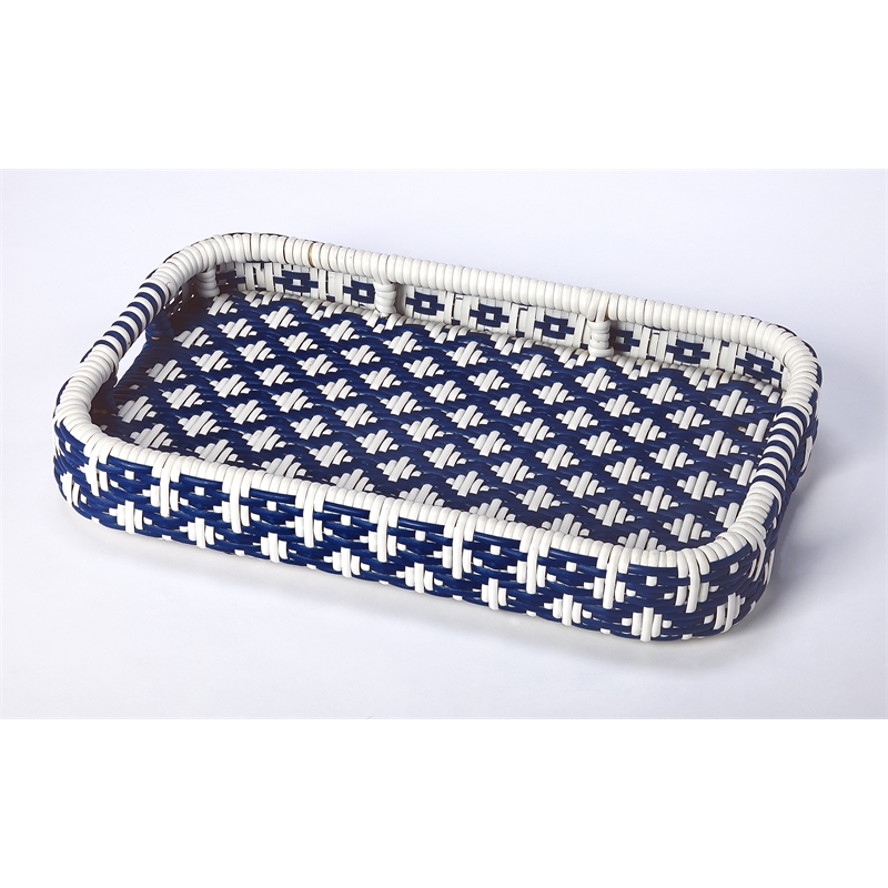 Bowery Hill Transitional Selena Rattan Bar Cart in Blue and White