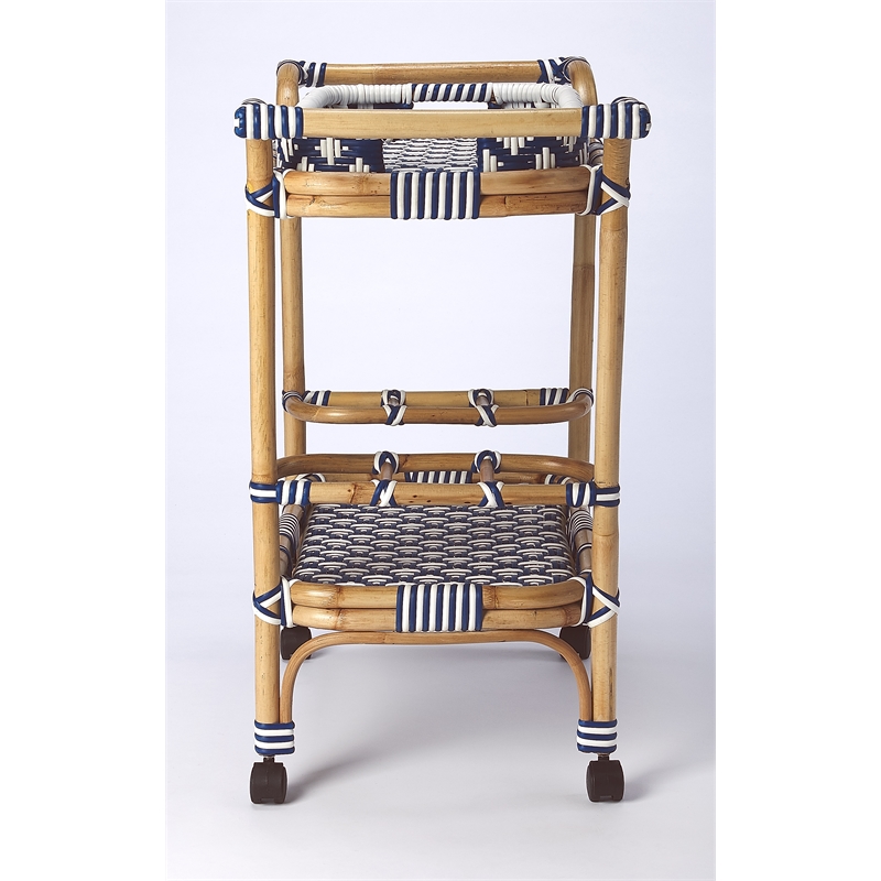 Bowery Hill Transitional Selena Rattan Bar Cart in Blue and White