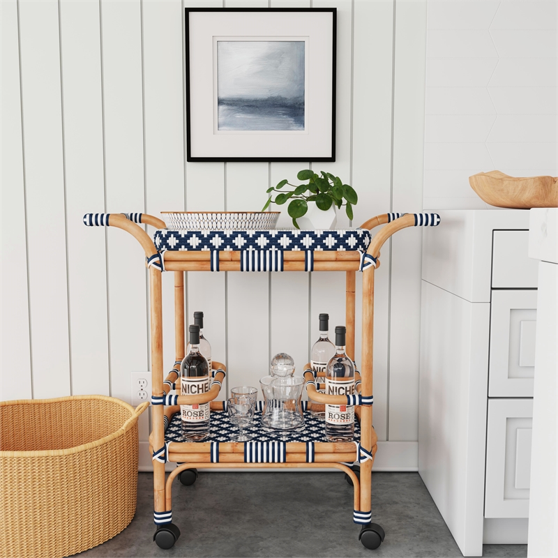 Bowery Hill Transitional Selena Rattan Bar Cart in Blue and White