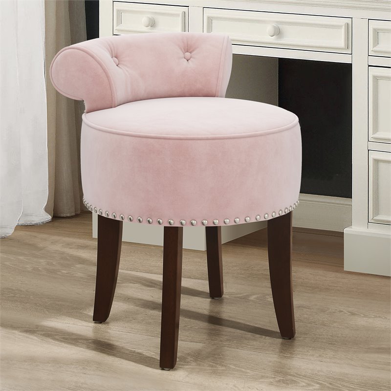 Bowery Hill Contemporary Wood/Fabric Vanity Stool in Pink Finish