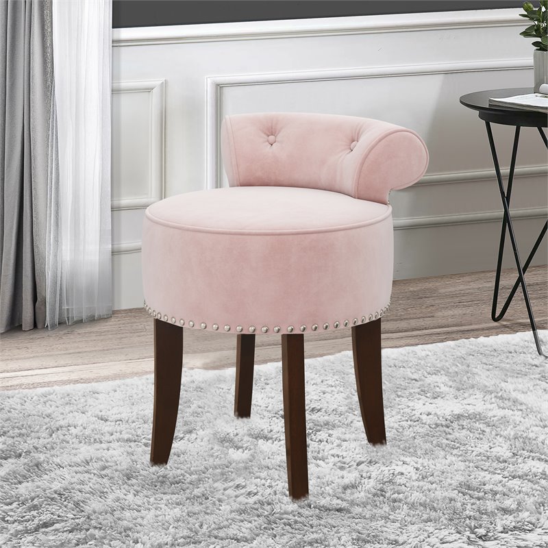 Bowery Hill Contemporary Wood/Fabric Vanity Stool in Pink Finish
