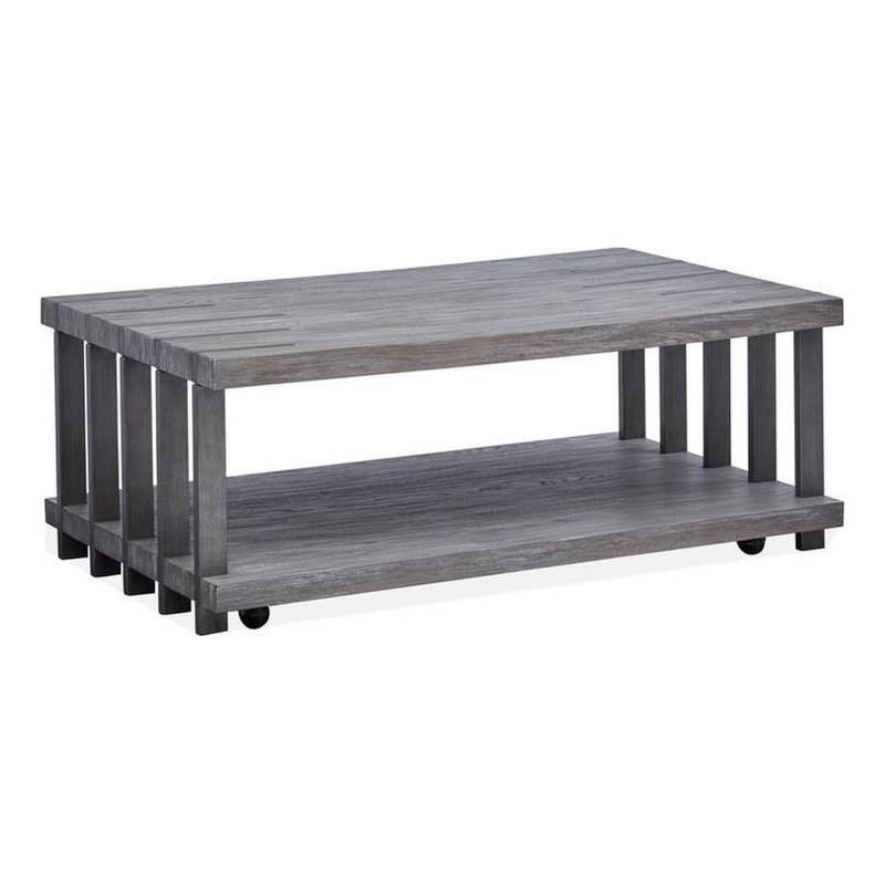 Bowery Hill Rustic Wood Top Natural Cocktail Table w/Casters Weathered Gravel