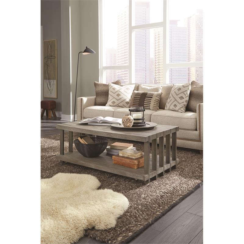 Bowery Hill Rustic Wood Top Natural Cocktail Table w/Casters Weathered Gravel