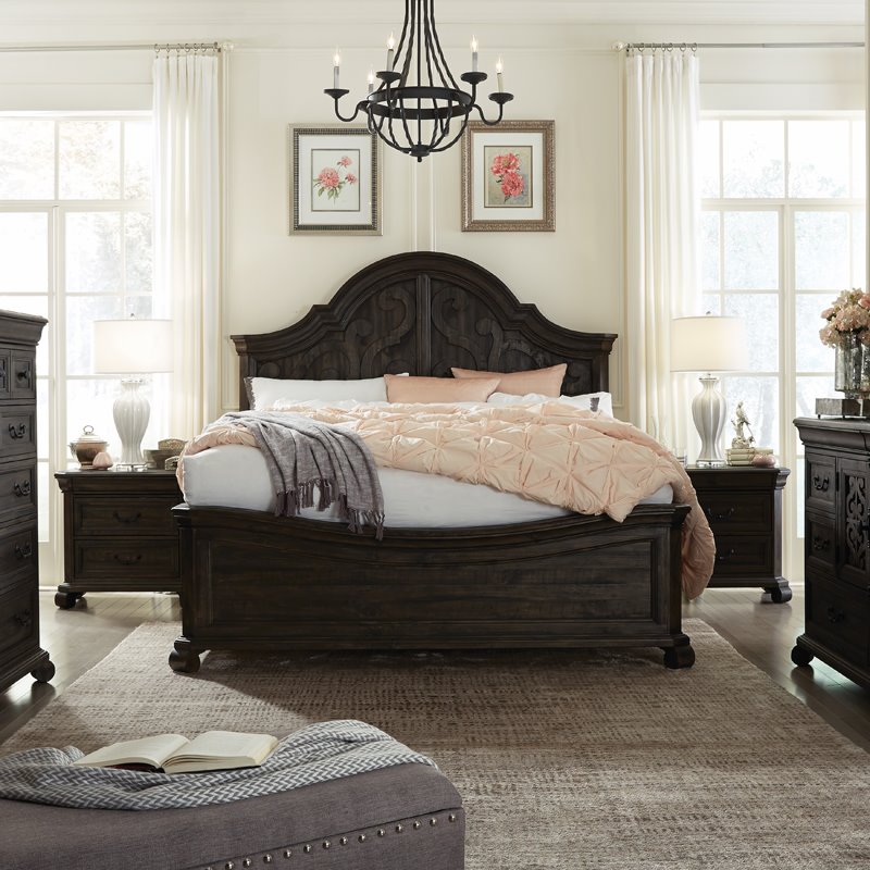 Bowery Hill Wood Pine Traditional Peppercorn California King Shaped Panel Bed