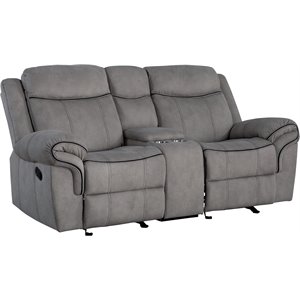 bowery hill reclining loveseat with usb dock & console in 2-tone gray velvet