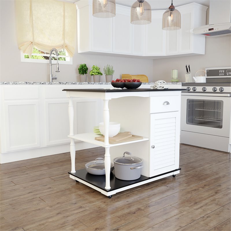 Bowery Hill Transitional Wooden Kitchen Cart in White and Black