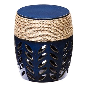 Bowery Hill Modern Round Ceramic End Table with Leaf Cut-Out in Blue/Natural