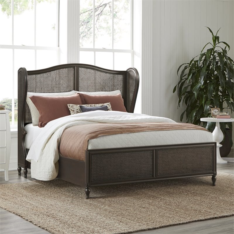Bowery Hill Transitional Wood Queen Bed with Wing Back in Bronze