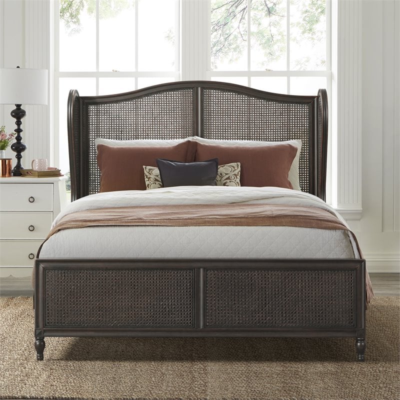 Bowery Hill Transitional Wood Queen Bed with Wing Back in Bronze