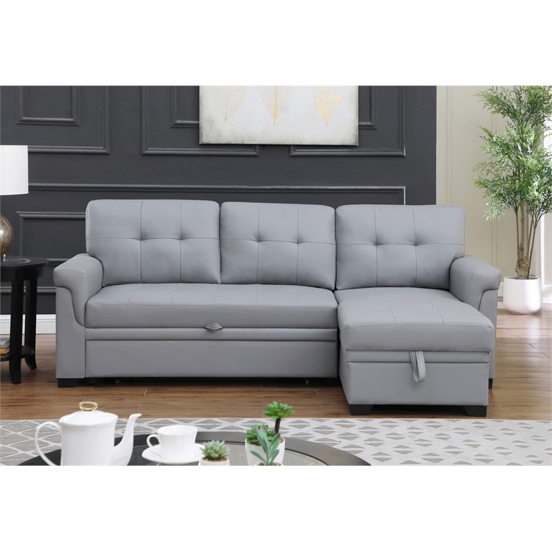 Bowery Hill Gray Vegan Faux Leather Reversible Sleeper Sofa with Storage Chaise