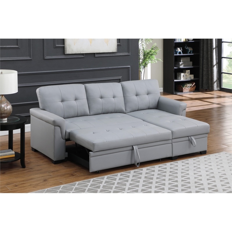 Bowery Hill Gray Vegan Faux Leather Reversible Sleeper Sofa with Storage Chaise