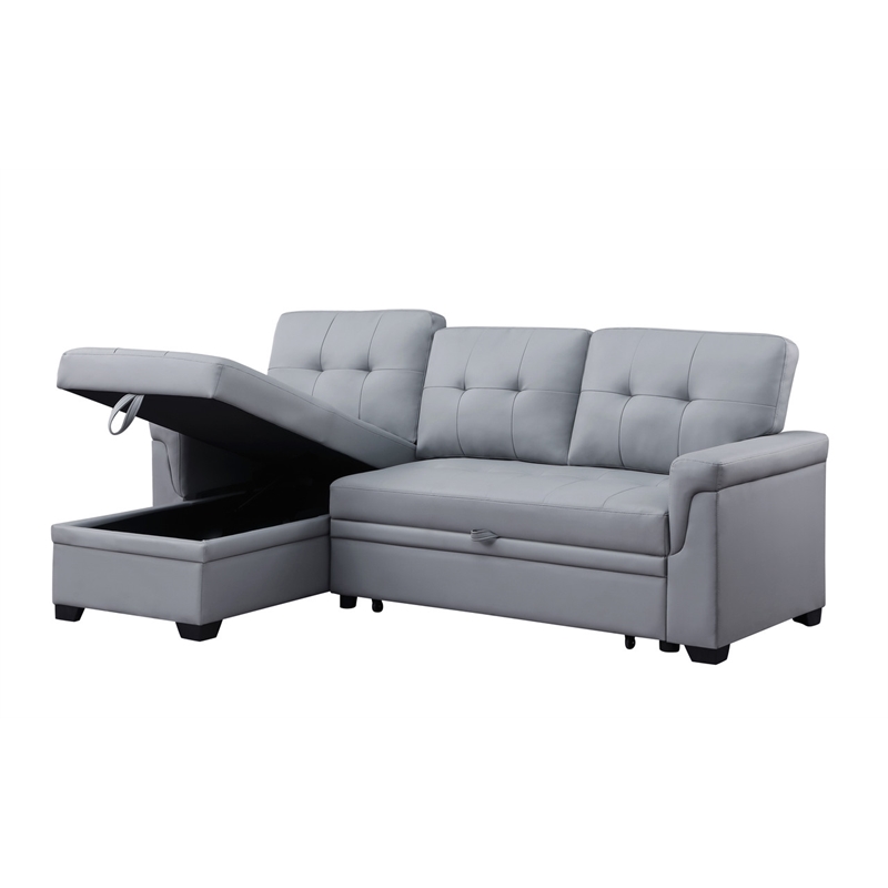 Bowery Hill Gray Vegan Faux Leather Reversible Sleeper Sofa with Storage Chaise