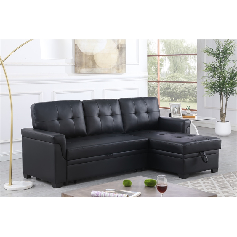 Bowery Hill Black Vegan Faux Leather Reversible Sleeper Sofa with Storage Chaise