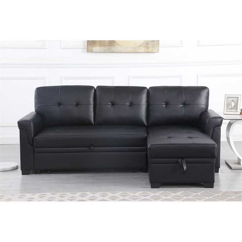 Bowery Hill Black Vegan Faux Leather Reversible Sleeper Sofa with Storage Chaise