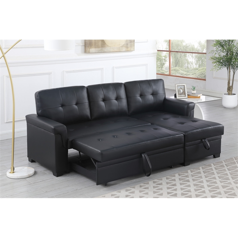 Bowery Hill Black Vegan Faux Leather Reversible Sleeper Sofa with Storage Chaise