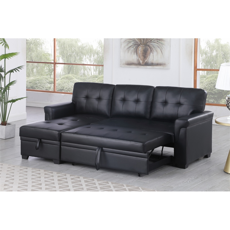 Bowery Hill Black Vegan Faux Leather Reversible Sleeper Sofa with Storage Chaise