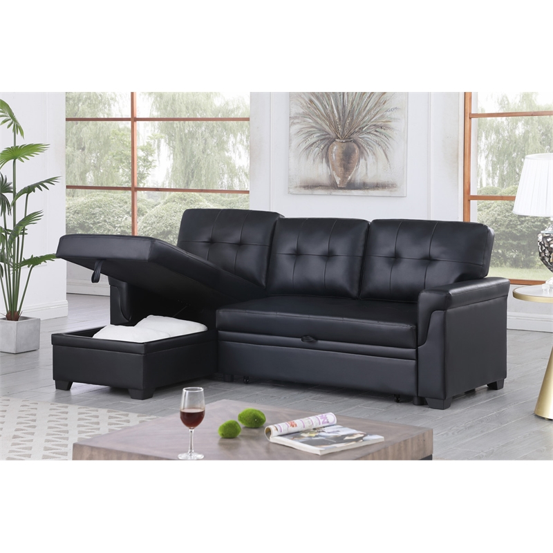 Bowery Hill Black Vegan Faux Leather Reversible Sleeper Sofa with Storage Chaise