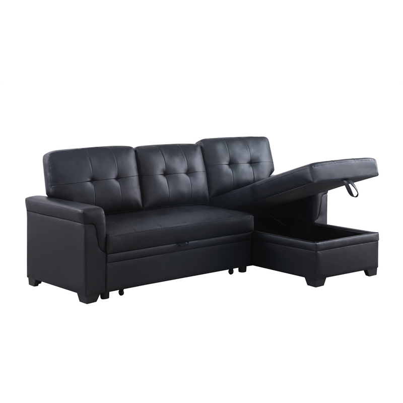 Bowery Hill Black Vegan Faux Leather Reversible Sleeper Sofa with Storage Chaise