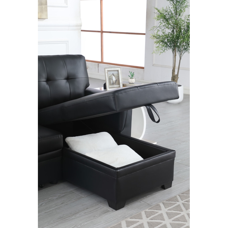 Bowery Hill Black Vegan Faux Leather Reversible Sleeper Sofa with Storage Chaise