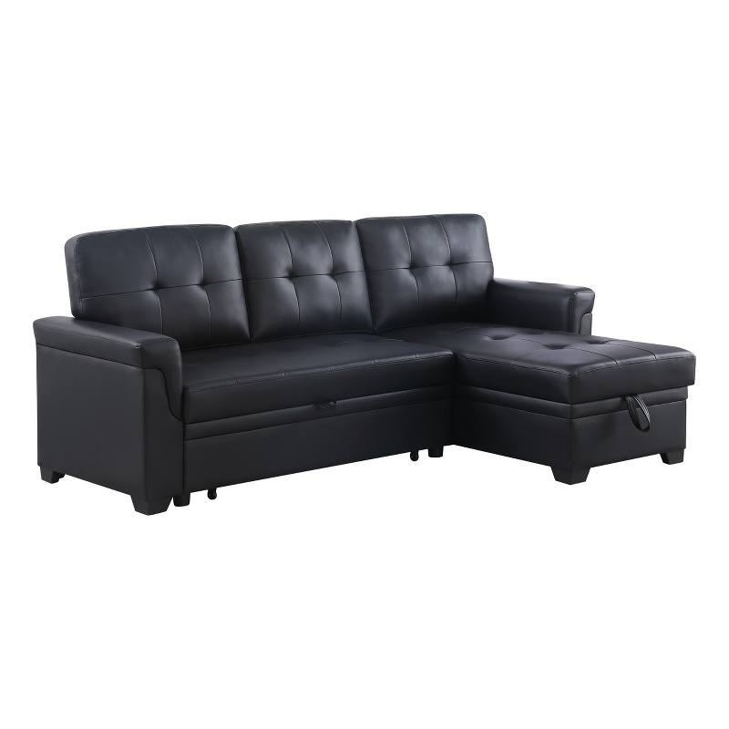 Bowery Hill Black Vegan Faux Leather Reversible Sleeper Sofa with Storage Chaise