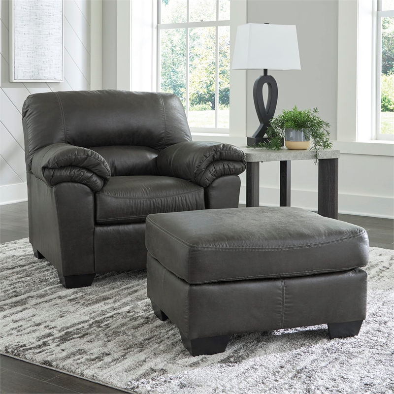 Bowery Hill Contemporary Faux Leather Upholstered Ottoman in Gray & Black