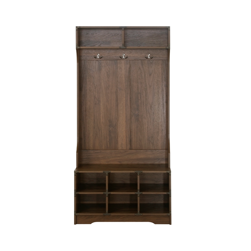 Bowery Hill Wood Hall Tree and Shoe Bench in Dark Walnut Finish