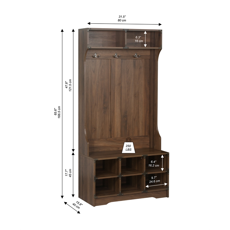 Bowery Hill Wood Hall Tree and Shoe Bench in Dark Walnut Finish