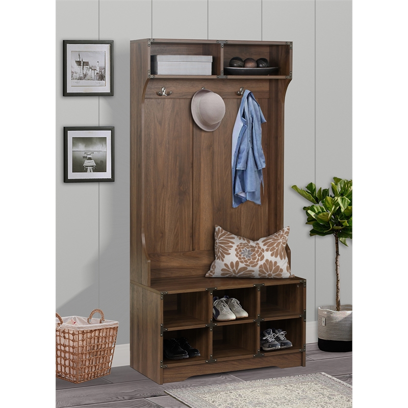 Bowery Hill Wood Hall Tree and Shoe Bench in Dark Walnut Finish