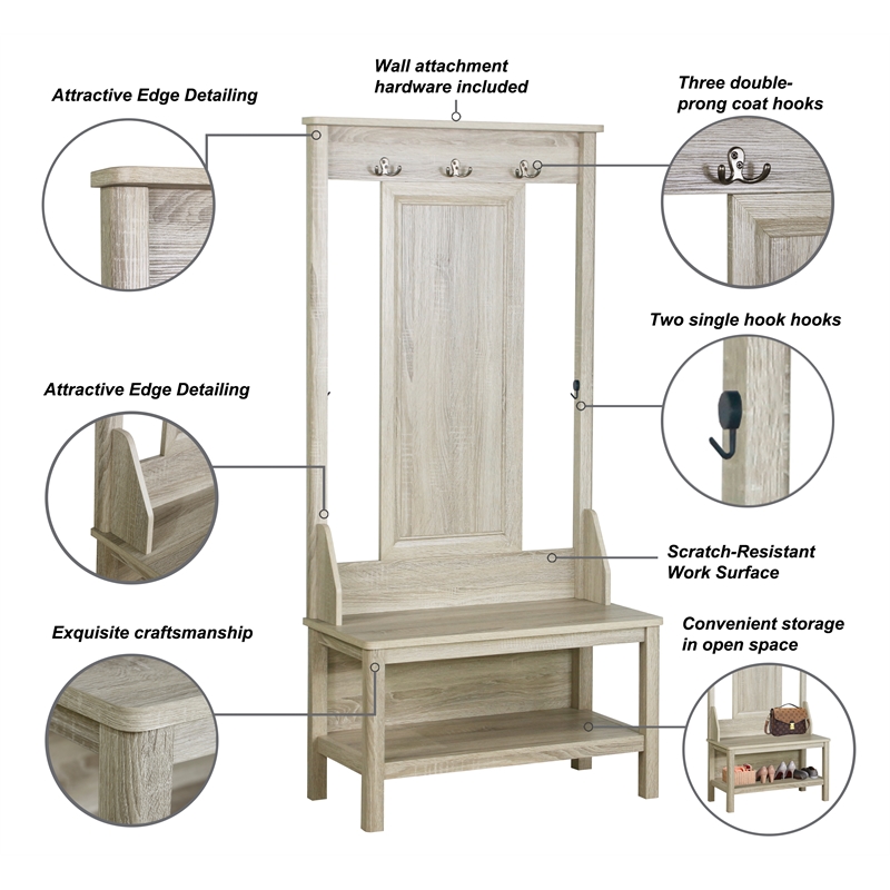 Bowery Hill Contemporary Wood Hall Tree And Shoe Bench in Gray