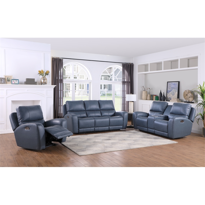 Bowery Hill Modern Geuine Leather Console Loveseat in Blue Finish