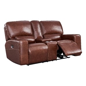 Bowery Hill Modern Geuine Leather Console Loveseat in Brown Finish