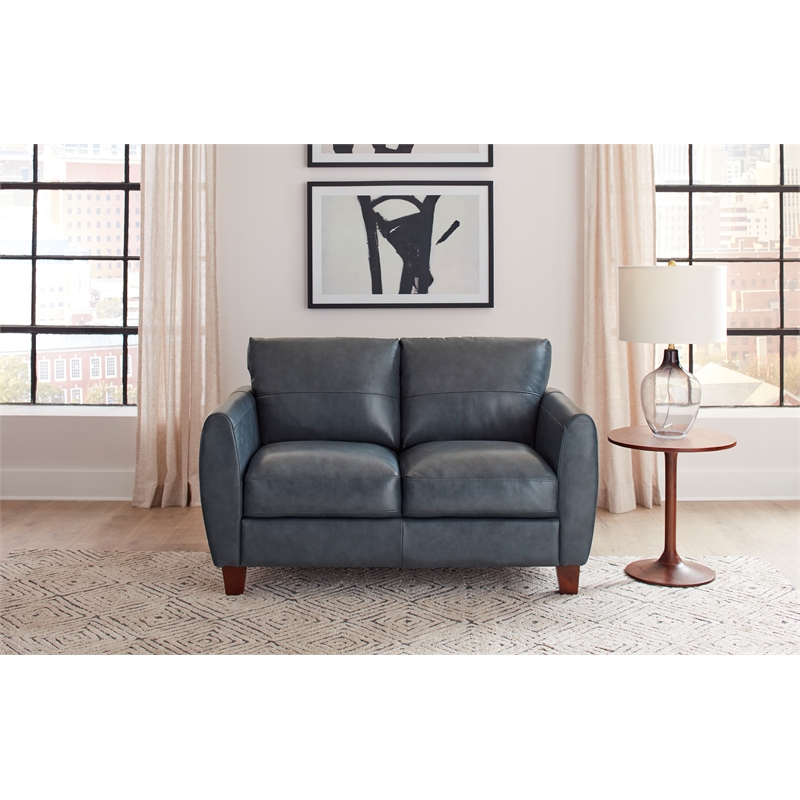 Bowery Hill Contemporary Geuine Leather Loveseat in Blue Finish