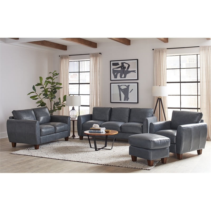 Bowery Hill Contemporary Geuine Leather Loveseat in Blue Finish