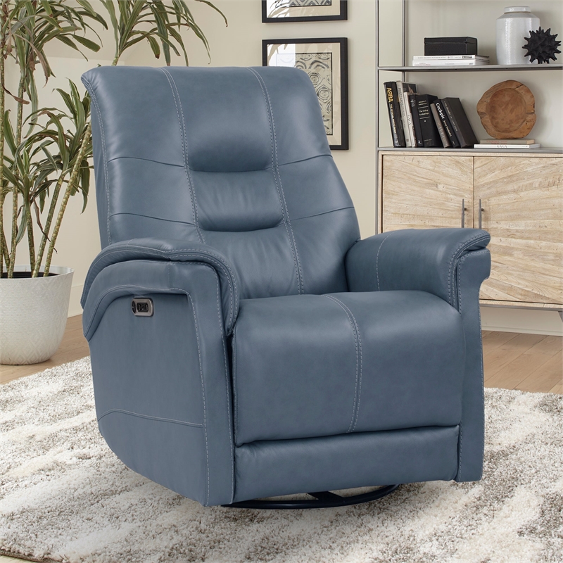 Bowery Hill Leather Power Cordless Swivel Glider Recliner in Blue