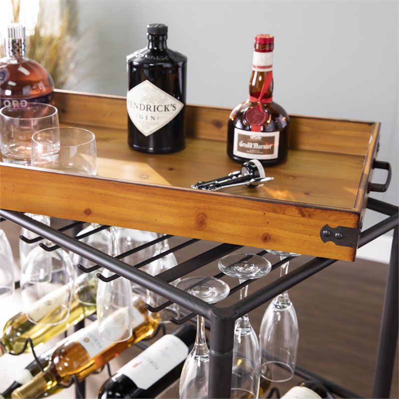 Bowery Hill Modern Tray Top Bar Cart in Black and Natural Finish