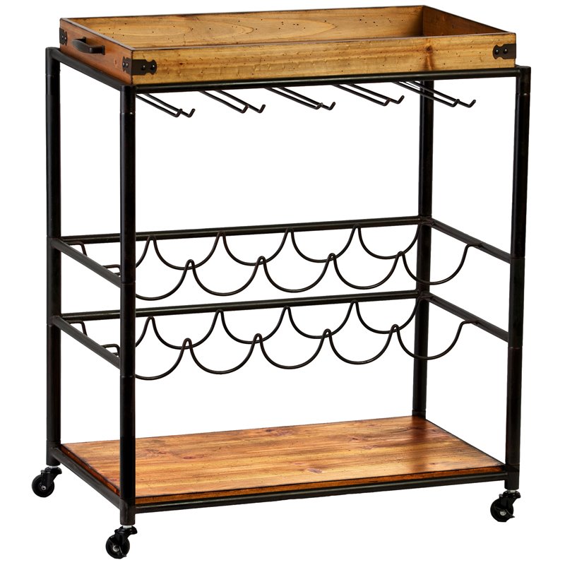 Bowery Hill Modern Tray Top Bar Cart in Black and Natural Finish