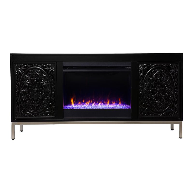 Bowery Hill Color Changing Fireplace Console w/ Media Storage in Black/Champagne