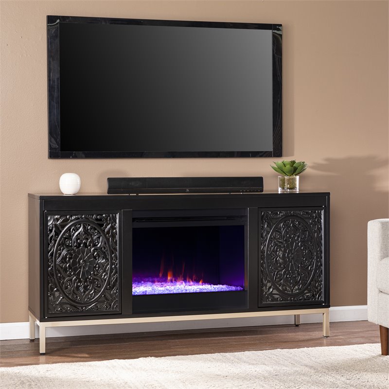 Bowery Hill Color Changing Fireplace Console w/ Media Storage in Black/Champagne