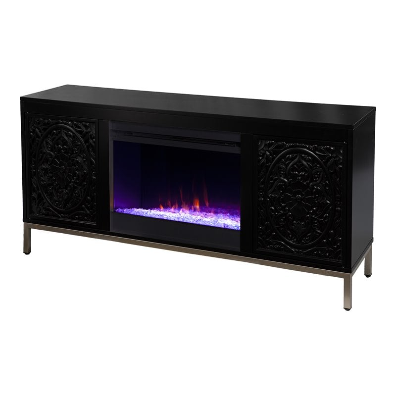 Bowery Hill Color Changing Fireplace Console w/ Media Storage in Black/Champagne