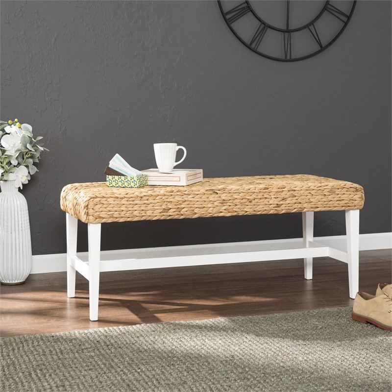 Bowery Hill Coastal Woven Coffee Table Bench White-Natural hyacinth