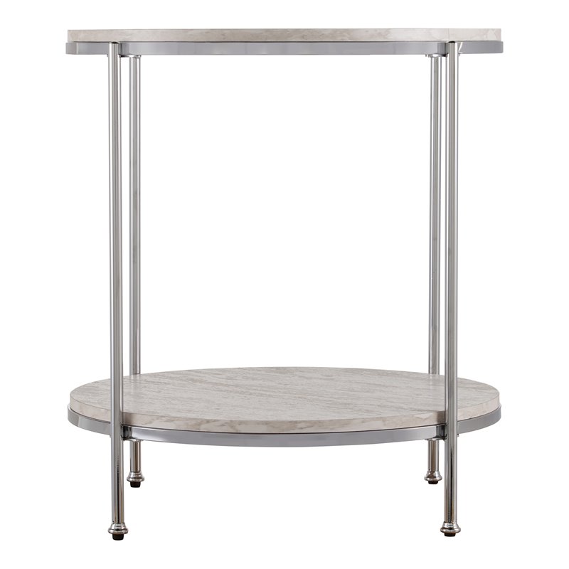 Bowery Hill Round Faux Stone End Table in Chrome-Faux Travertine