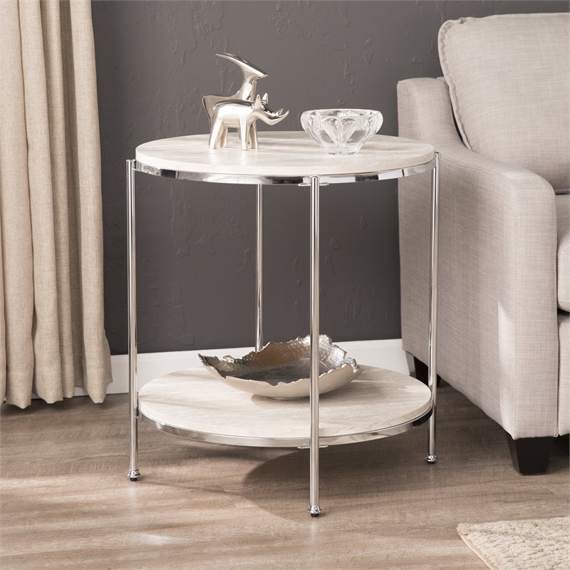 Bowery Hill Round Faux Stone End Table in Chrome-Faux Travertine