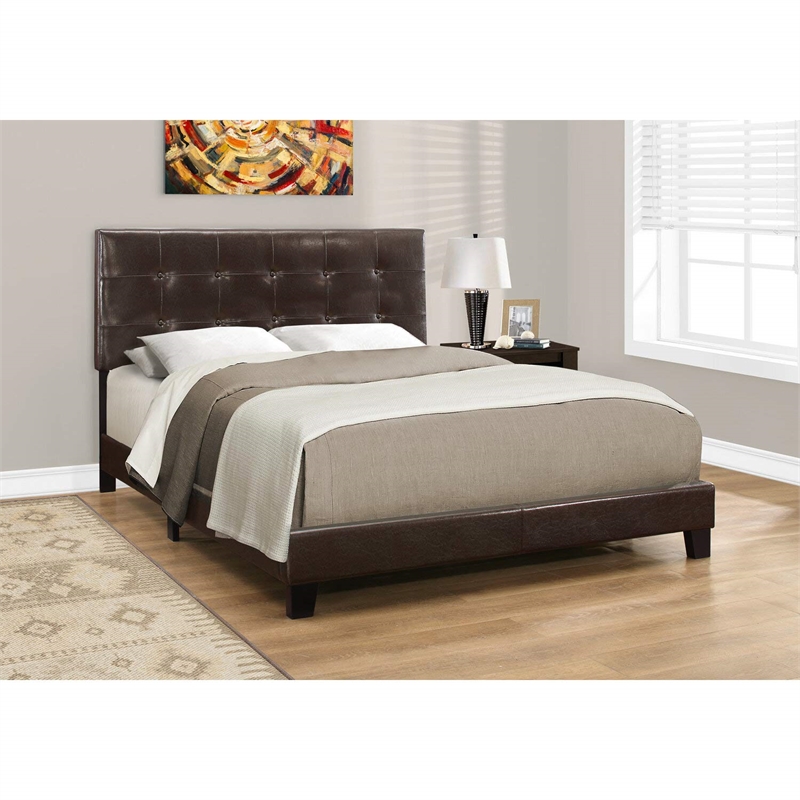 Bowery Hill Bed Queen Platform Bedroom Frame Upholstered Pu Leather Look Brown
