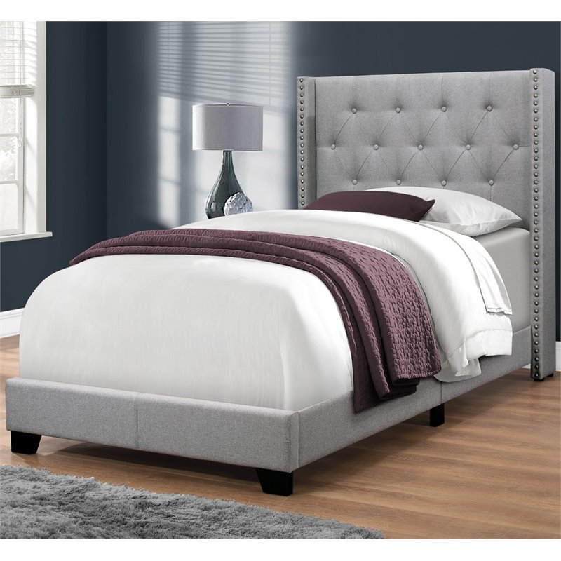 Bowery Hill Bed Twin Size Platform Teen Frame Upholstered Velvet Wood Legs Gray
