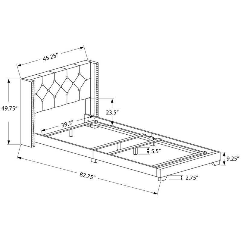 Bowery Hill Bed Twin Size Platform Teen Frame Upholstered Velvet Wood Legs Gray