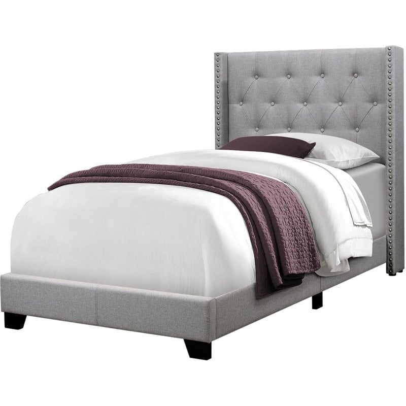 Bowery Hill Bed Twin Size Platform Teen Frame Upholstered Velvet Wood Legs Gray