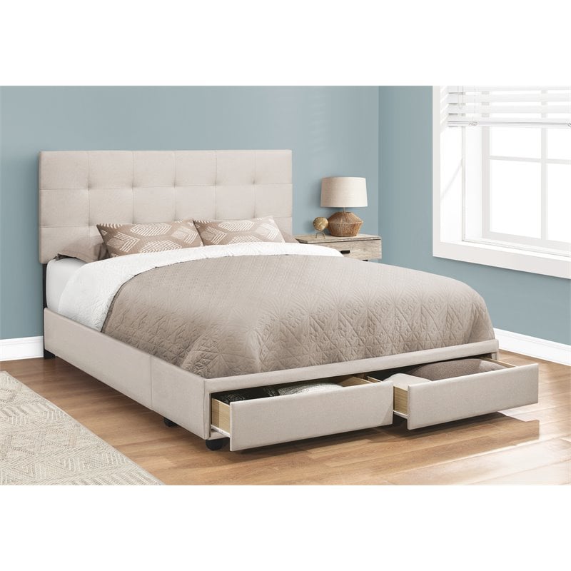 Bowery Hill Bed Queen Platform Bedroom Frame Upholstered Linen Look Beige Black